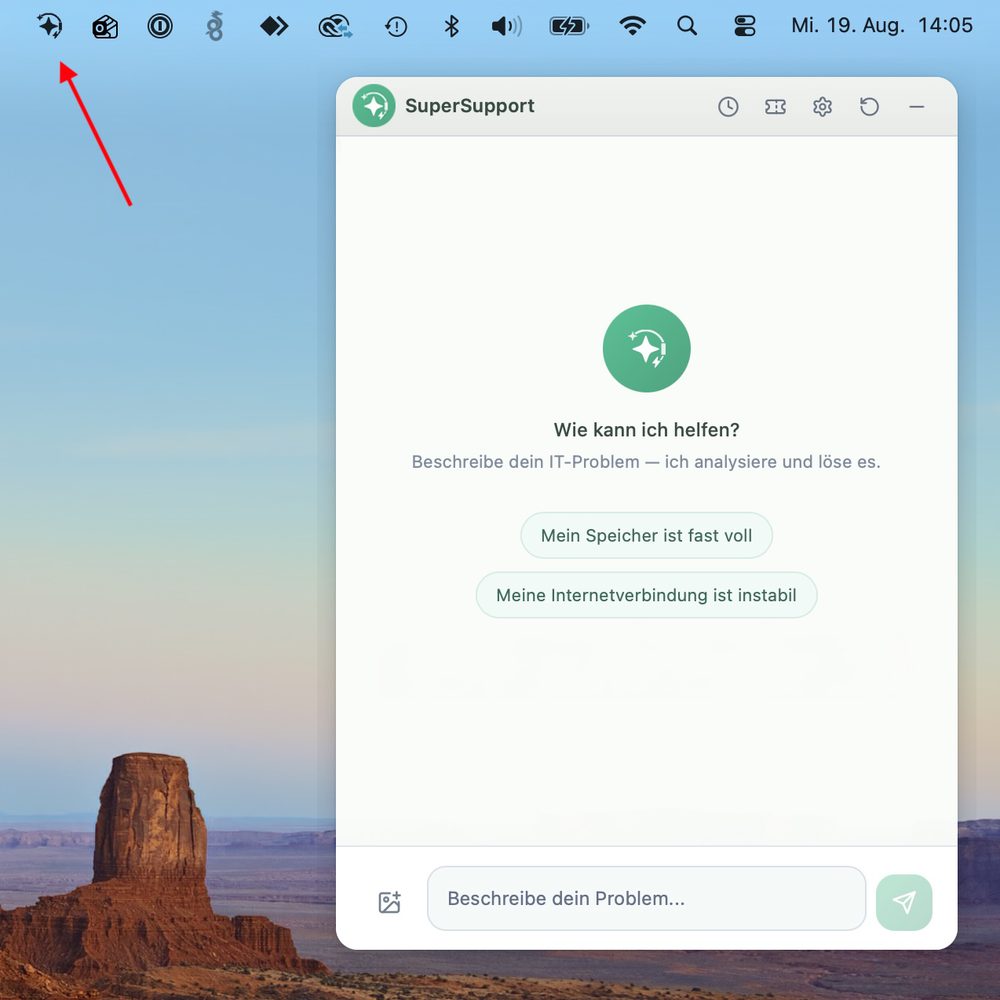 macOS-Menüleiste am oberen Bildschirmrand mit dem SuperSupport-Symbol, darunter das geöffnete Chatfenster mit der Frage „Wie kann ich helfen?“.
