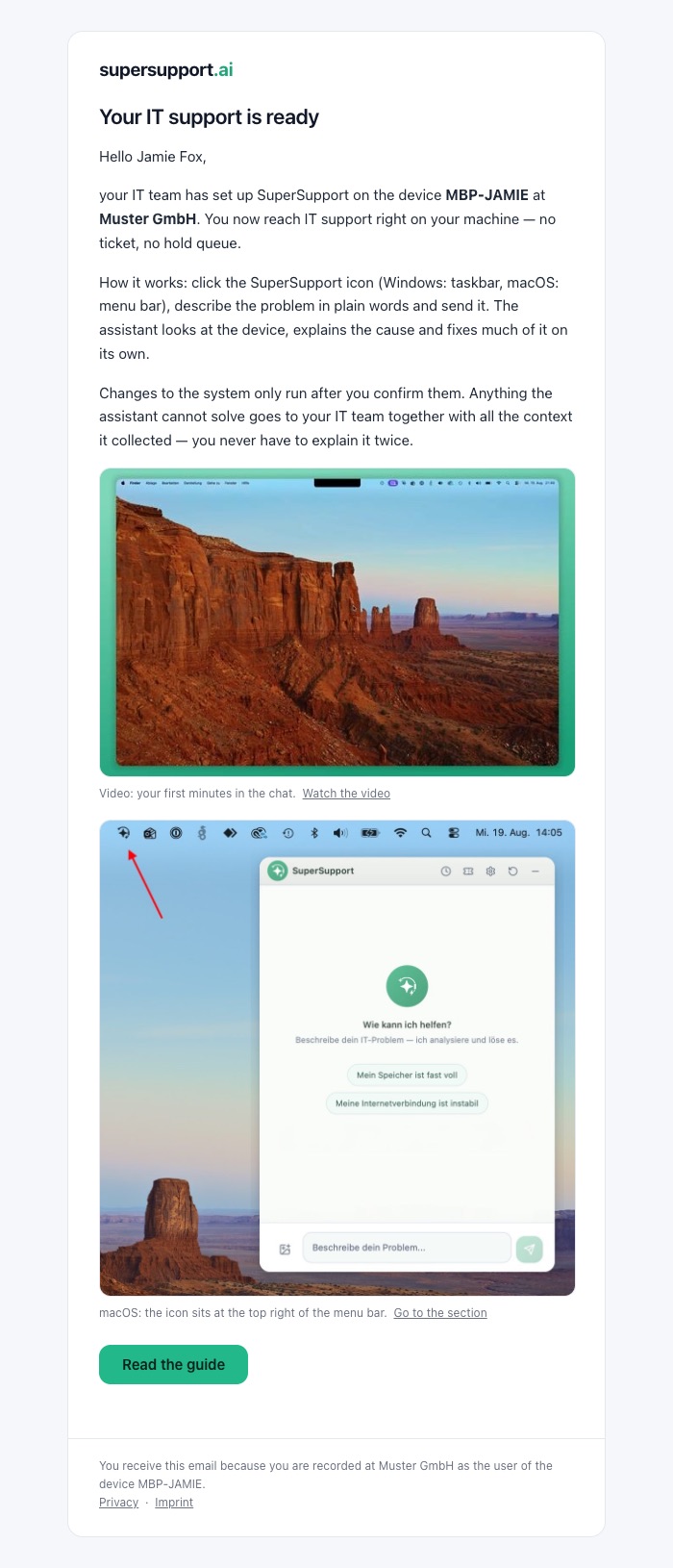 Die Onboarding-Mail auf Englisch, macOS-Gerät, ohne Aktivierungscode